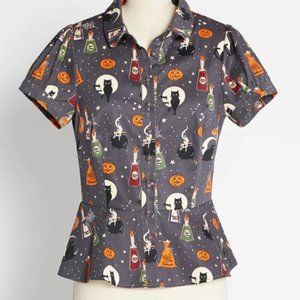 Modcloth x Collectif Wicked Brew Peplum Button-Up Shirt, XXS